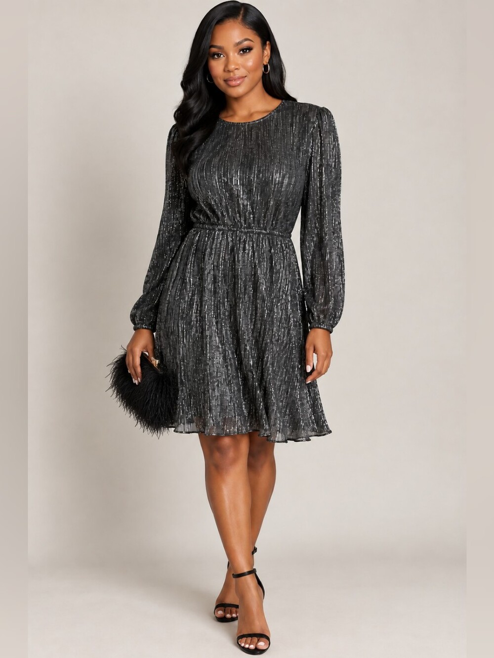 NWT White House Black Market Black Silver Shimmer Blouson Dress Size Medium